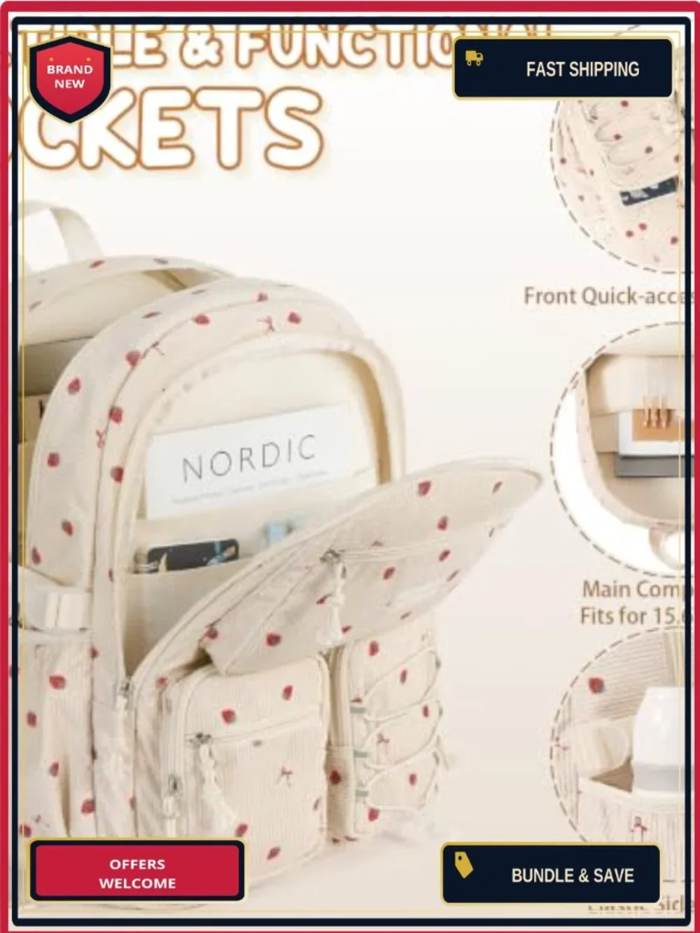 Corduroy Girls Backpack Set with Lunch Box & Pencil Case